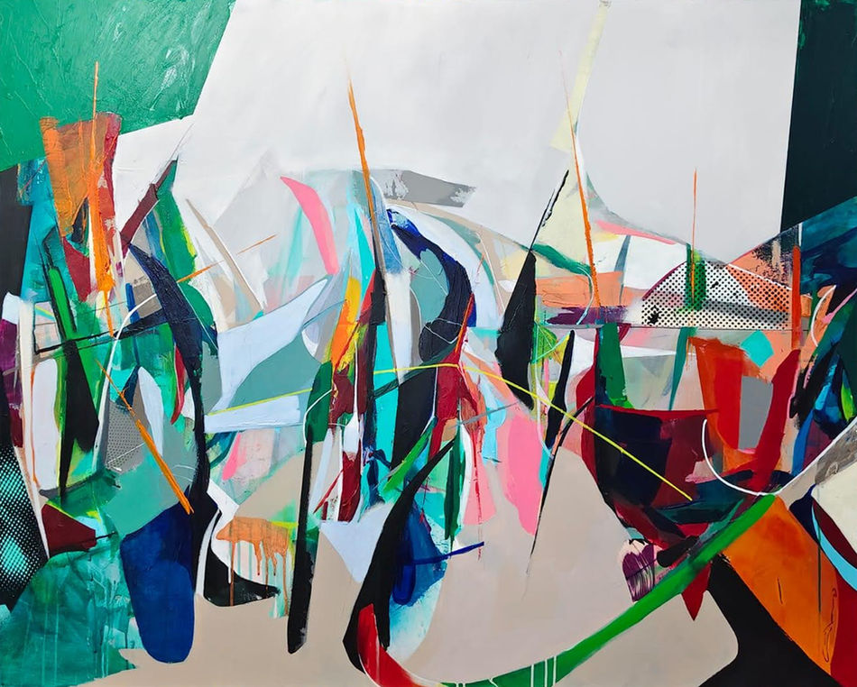 "Voices in My Head, Barış Gülen. A large-scale contemporary abstract expressionist painting where vibrant shades of green, blue, red, and orange intersect with sharp black lines."