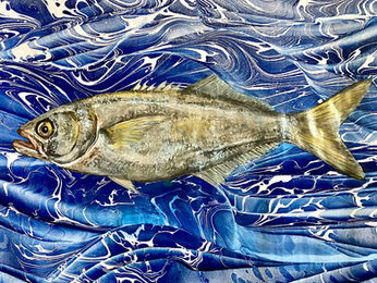 Bluefish painted with acrylic paint on marbled paper, by Ebru Ayda Aktay, Paintings by Barış Gülen