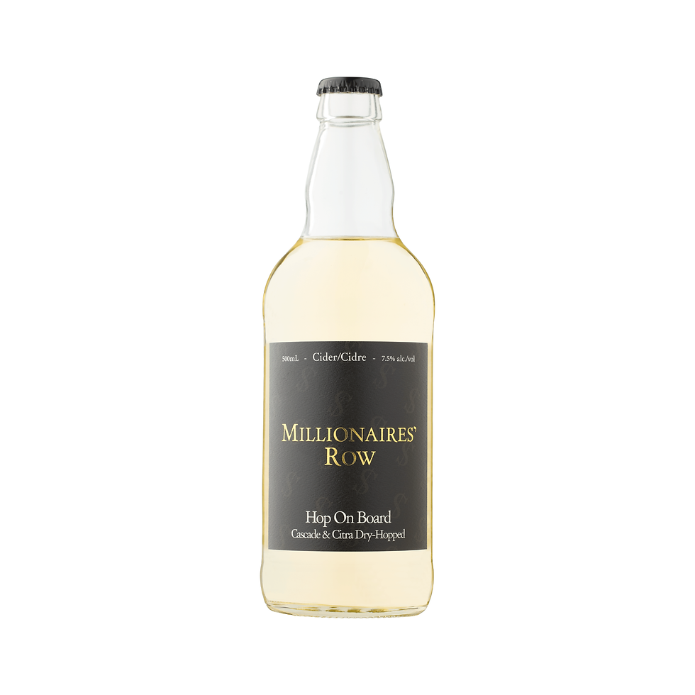 Bottle of Hop On Board hopped apple cider by Millionaires' Row Cider Co.