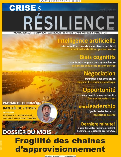 Plan de continuité d'activité;Gestion de la continuité des activités;Reprise d'activité;Résilience organisationnelle;Gestion des risques;Interruption d'activité;Processus de prise de décision;Prestations de services essentielles;Délais de récupération;Communication de crise;Gestion de crise;Plan de gestion de crise;Cellule de crise;Prévention des crises;Intervention en situation de crise;Risques de crise;Réputation de crise;Relations publiques de crise;Simulation de crise