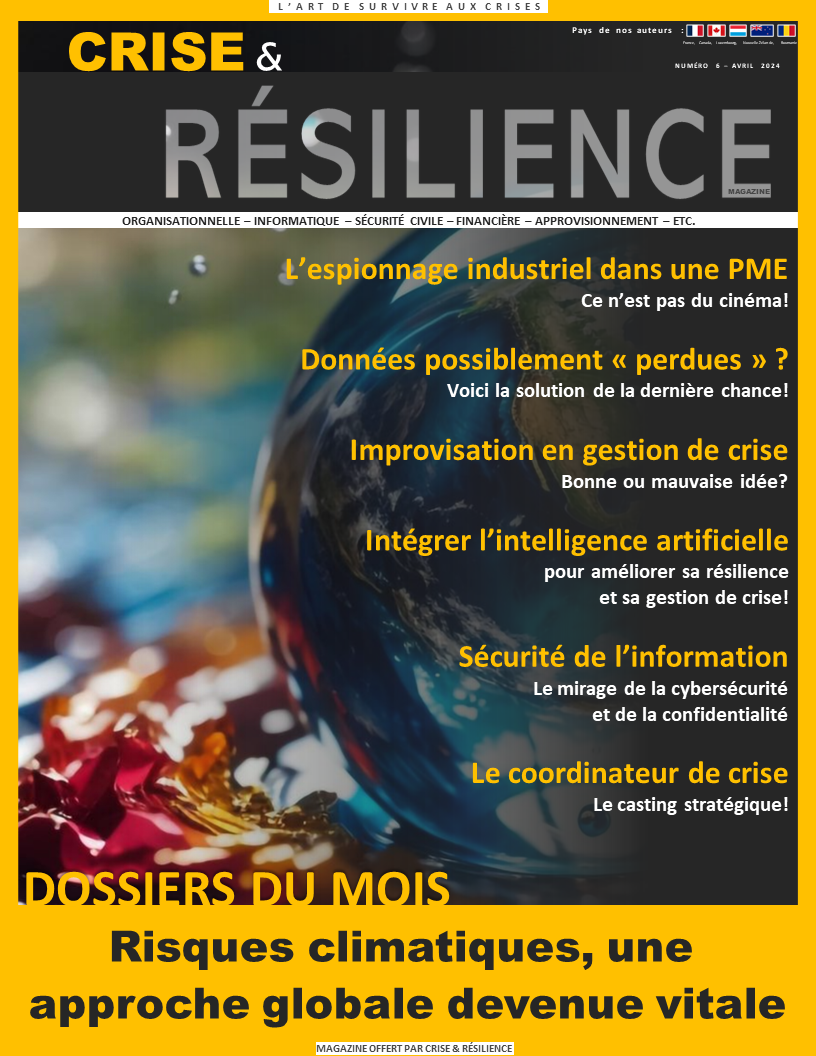 Plan de continuité d'activité;Gestion de la continuité des activités;Reprise d'activité;Résilience organisationnelle;Gestion des risques;Interruption d'activité;Processus de prise de décision;Prestations de services essentielles;Délais de récupération;Communication de crise;Gestion de crise;Plan de gestion de crise;Cellule de crise;Prévention des crises;Intervention en situation de crise;Risques de crise;Réputation de crise;Relations publiques de crise;Simulation de crise