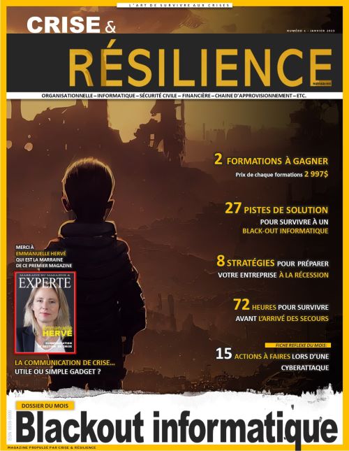 Plan de continuité d'activité;Gestion de la continuité des activités;Reprise d'activité;Résilience organisationnelle;Gestion des risques;Interruption d'activité;Processus de prise de décision;Prestations de services essentielles;Délais de récupération;Communication de crise;Gestion de crise;Plan de gestion de crise;Cellule de crise;Prévention des crises;Intervention en situation de crise;Risques de crise;Réputation de crise;Relations publiques de crise;Simulation de crise