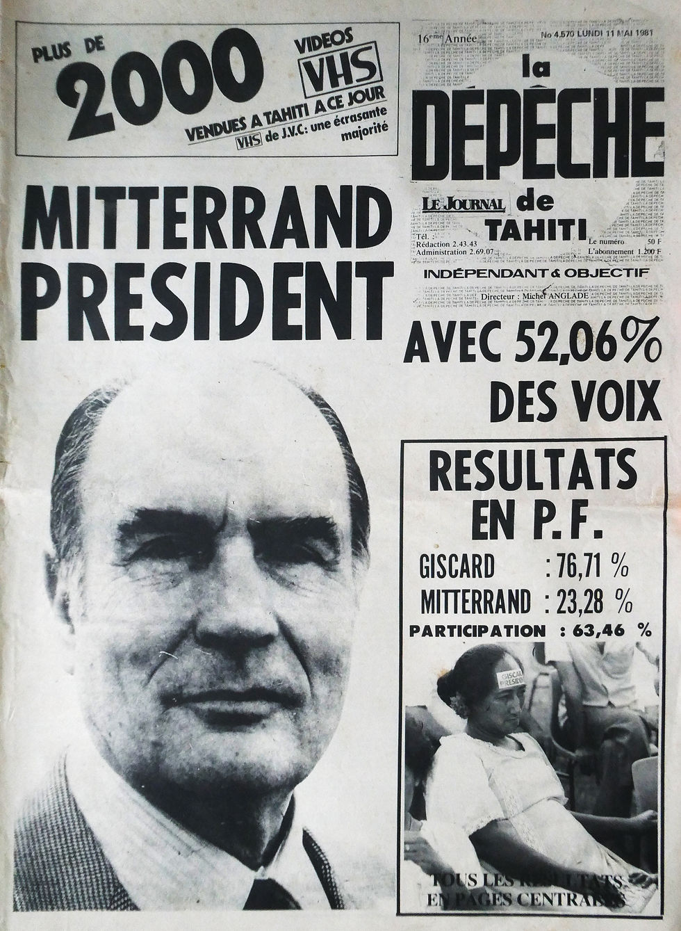 La une de la Dépêche de Tahiti le lundi 11 mai 1981 (fonds DM)