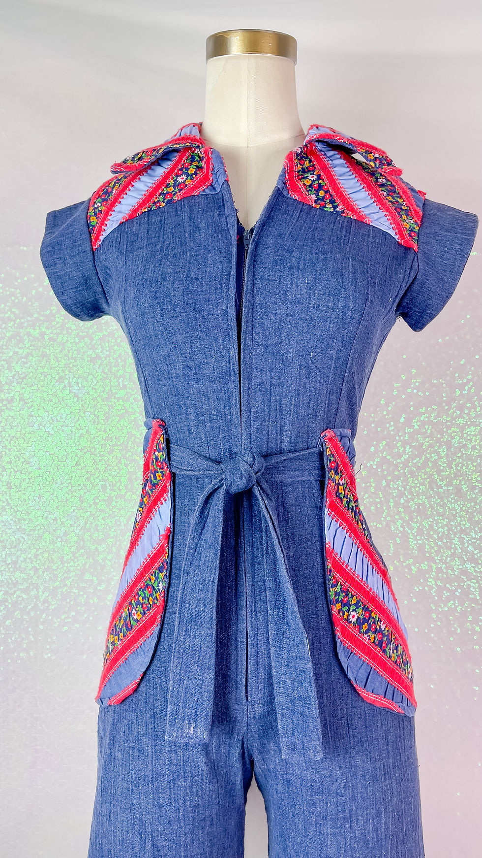 Thumbnail: 1970’s Floral Collar Bellbottom Jean Jumpsuit