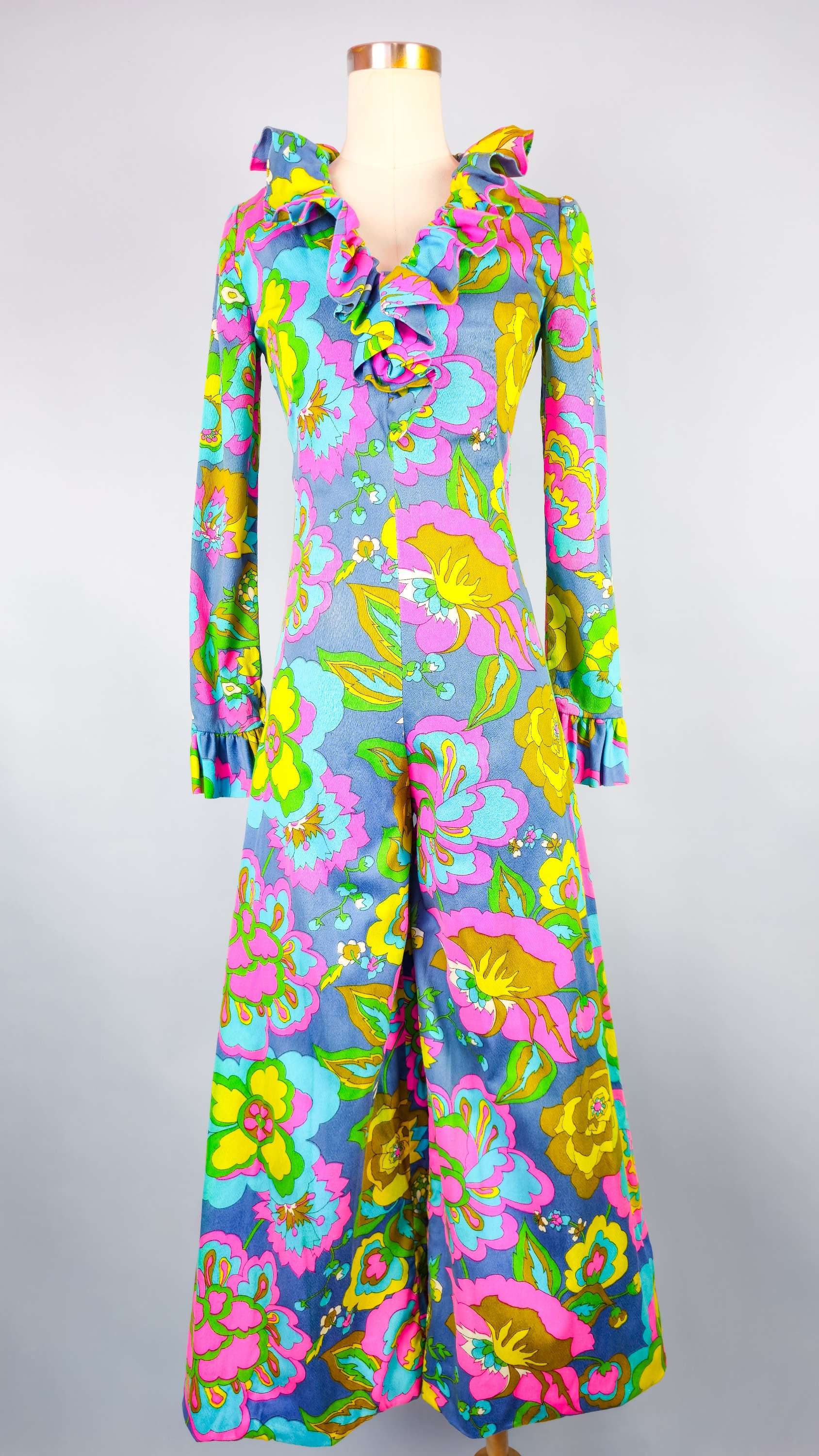 1960's Flower Power Palazzo Ruffle Jumpsuit