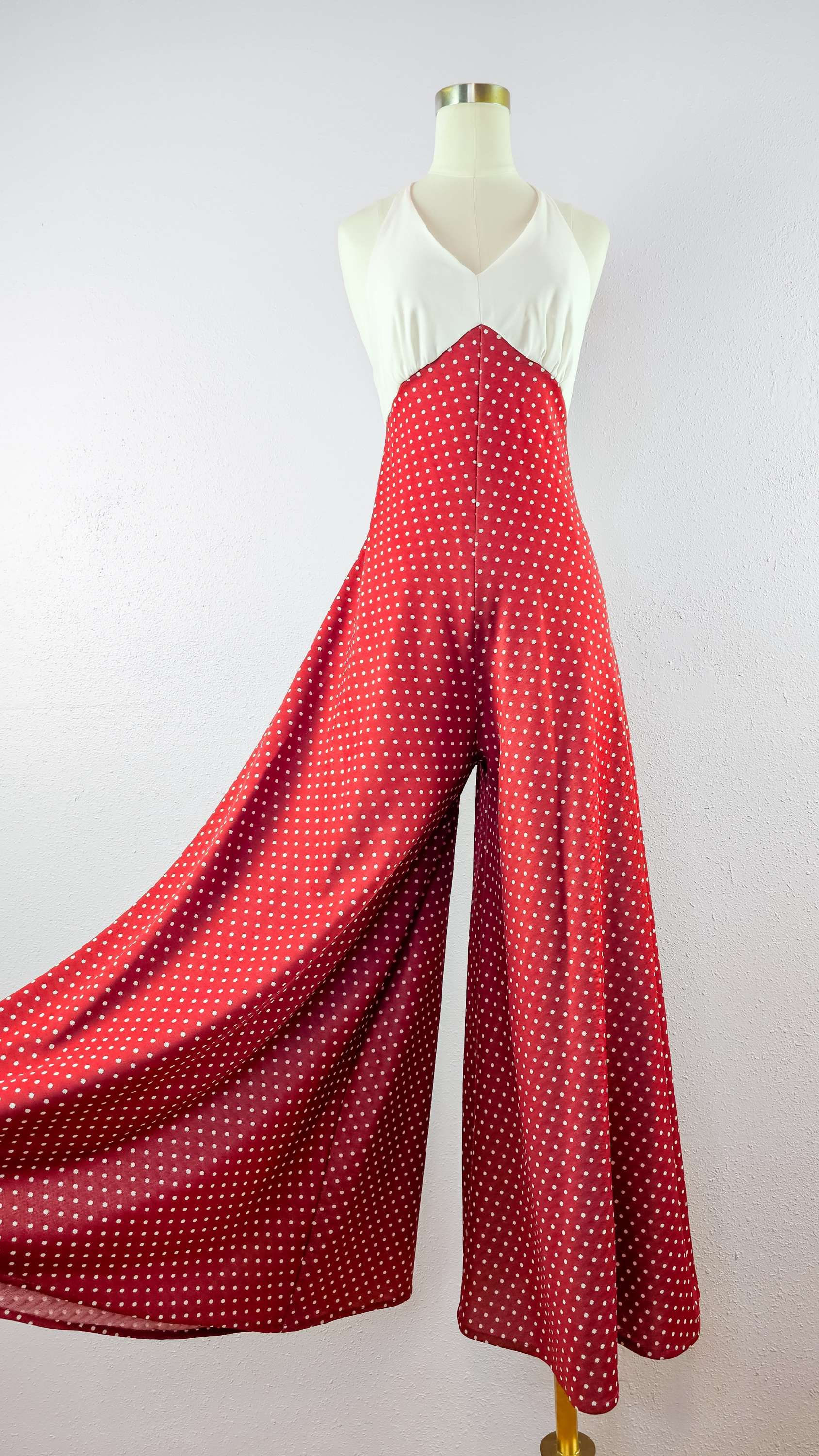 1970's Halter Red & White Polka Dot Super Palazzo Jumpsuit