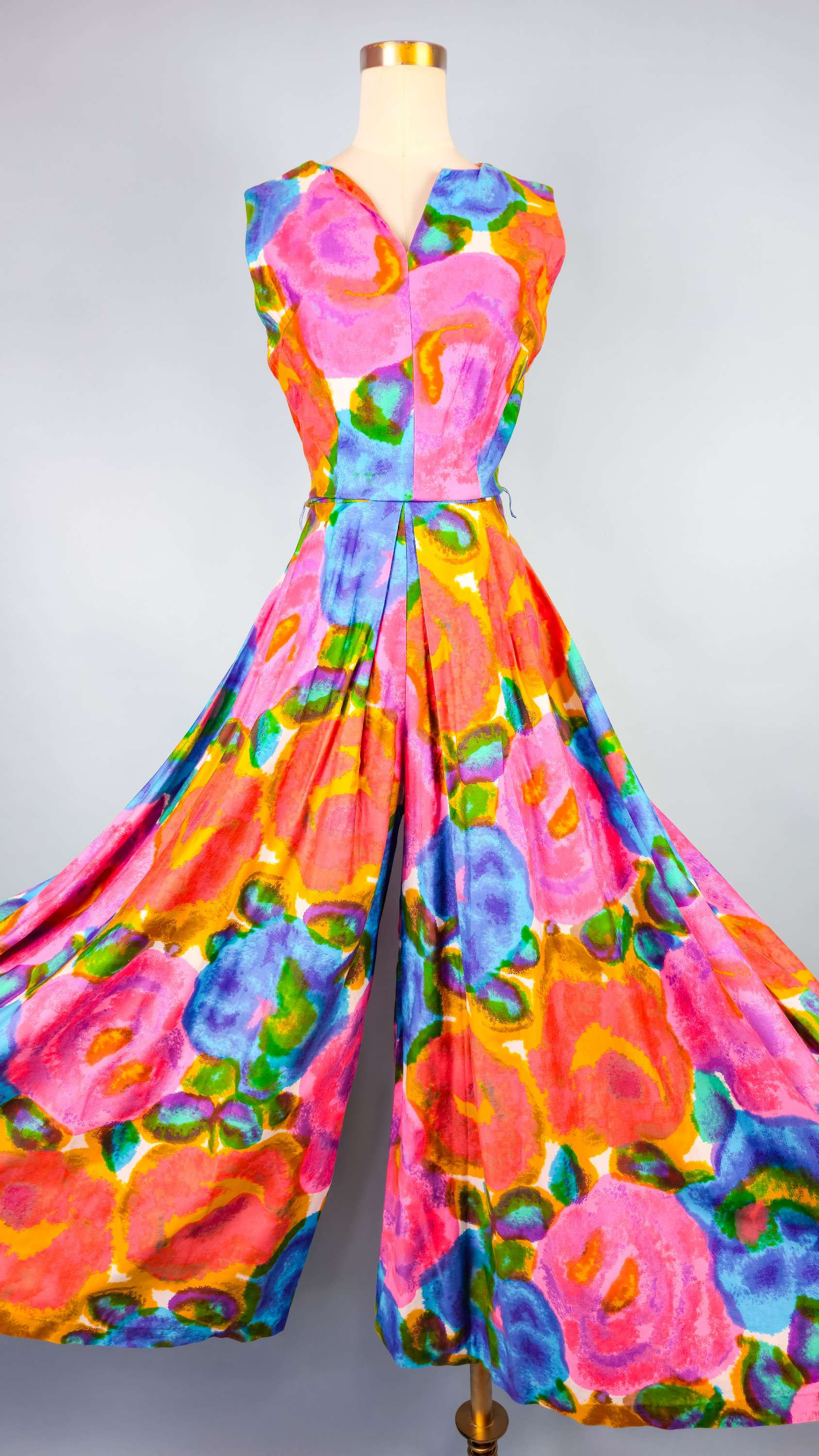1970's Rainbow Watercolor Floral Super Palazzo Jumpsuit