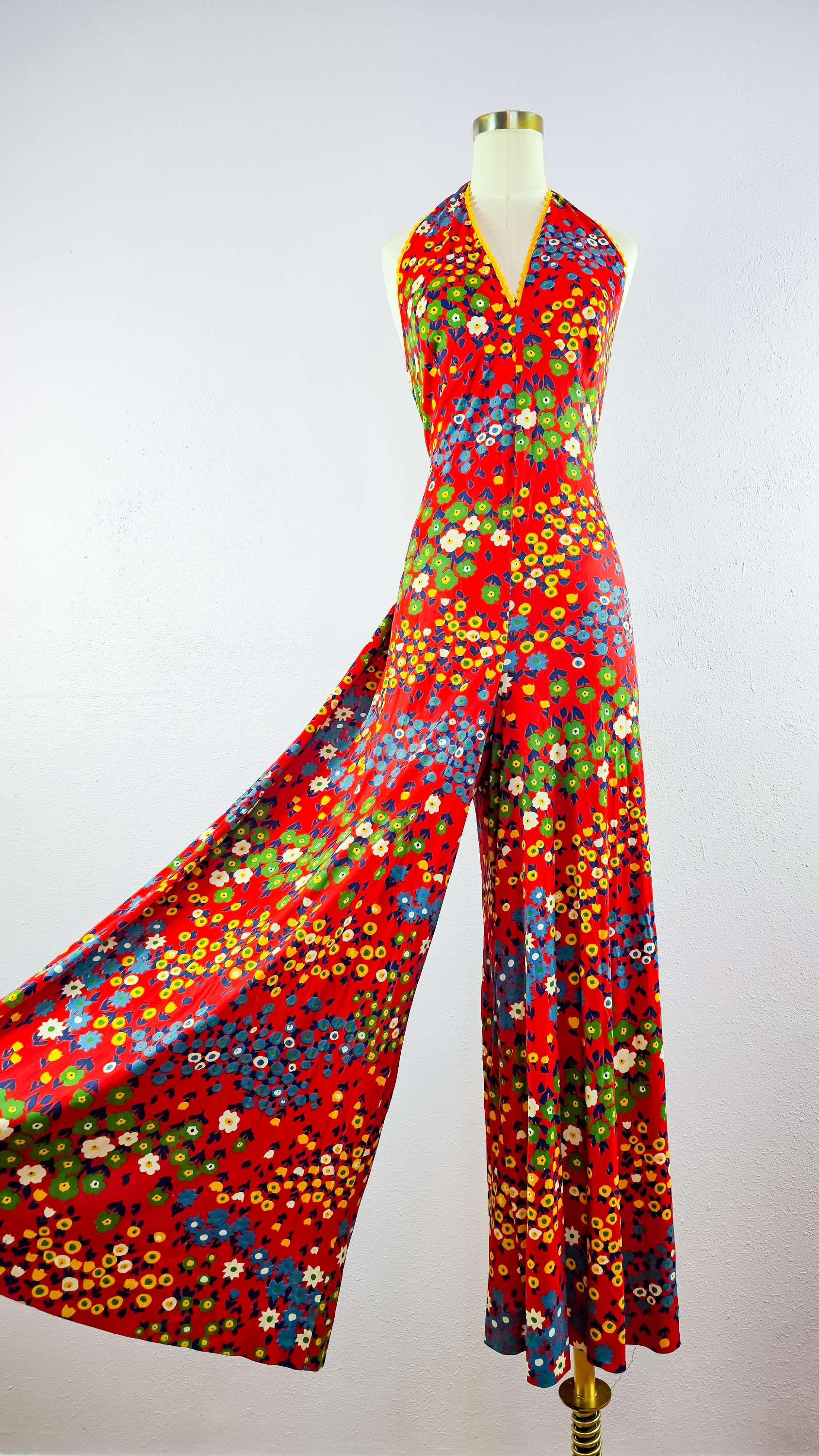 1970's Red Disty Floral Halter Palazzo Jumpsuit
