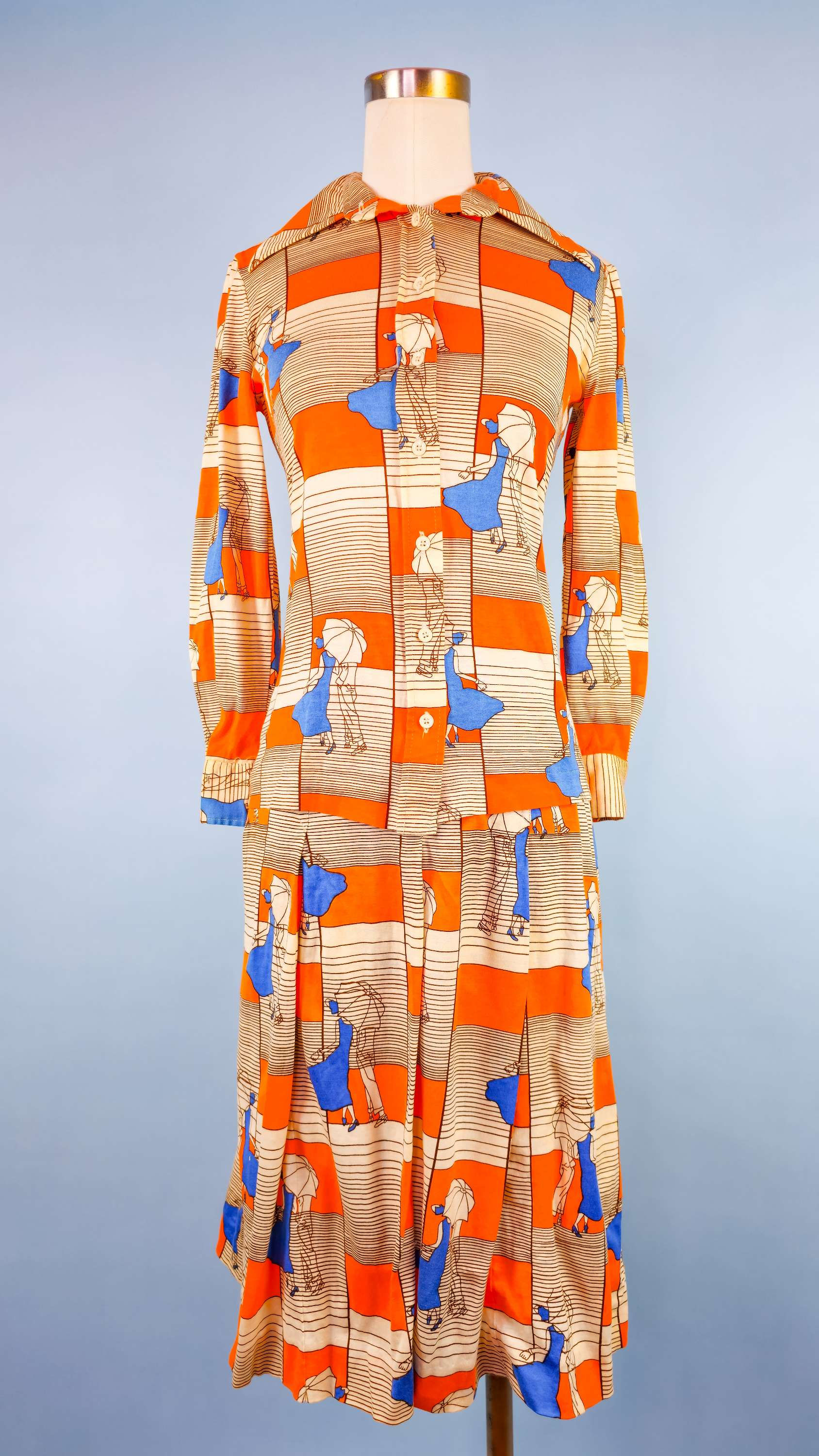 1970's Umbrella Couple Novelty Print Skirt Set