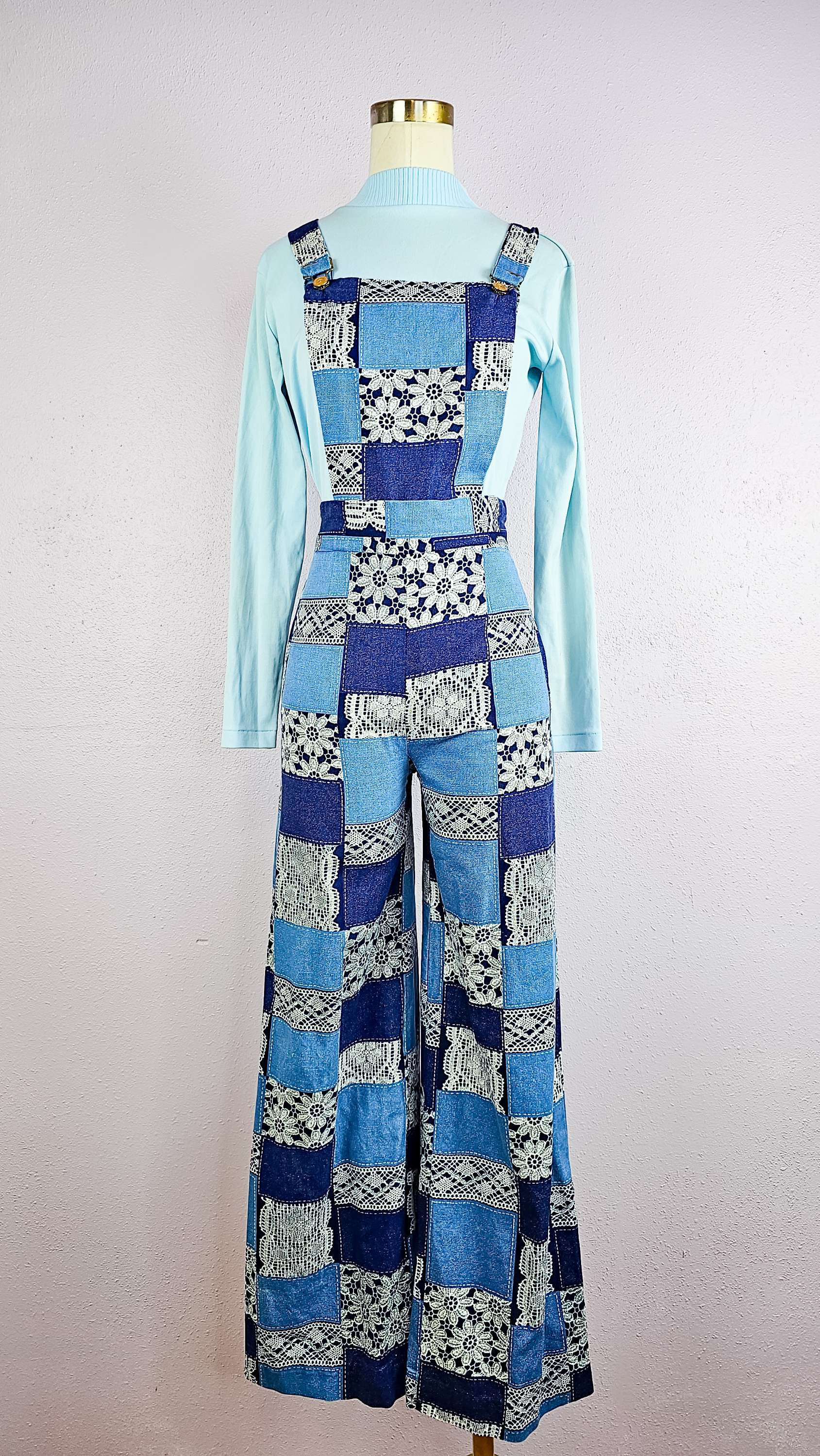 1970's Faux Lace Denim Patchwork Bellbottom Overalls
