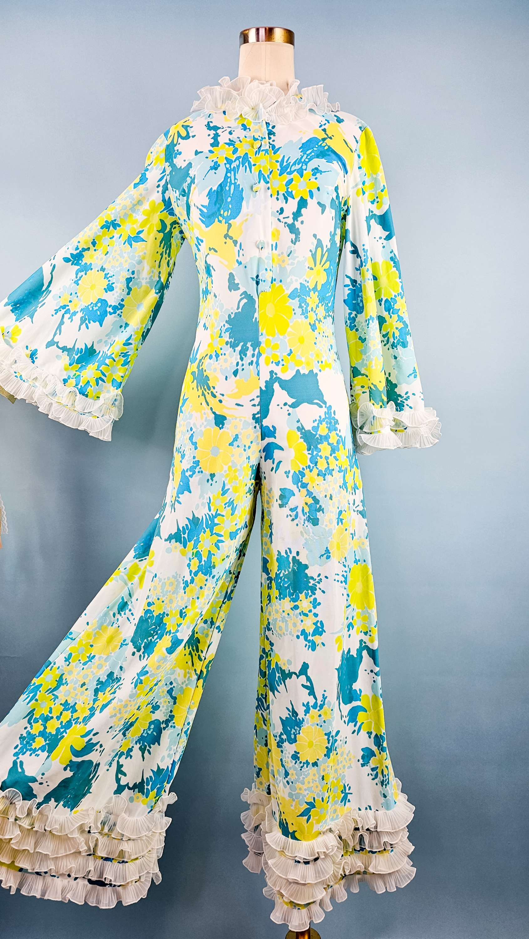 1960's Floral Ruffle Bell Sleeve Palazzo Jumpsuit