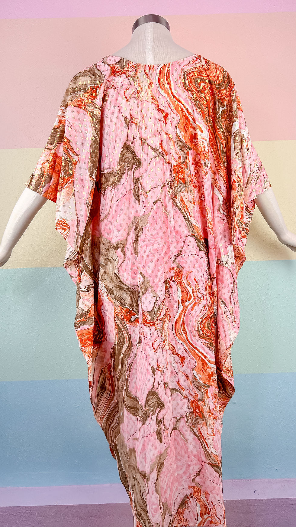 Thumbnail: 1970’s Pink & Gold Marbled Accordion Sleeve Caftan