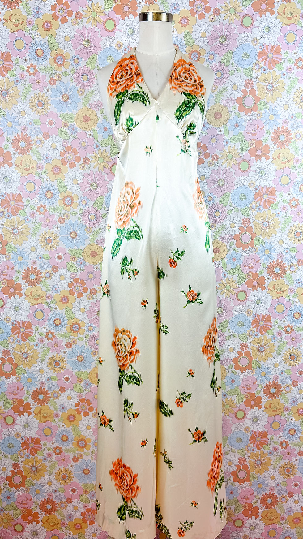 Thumbnail: 1970’s Satin Rose Halter Palazzo Jumpsuit - S/M