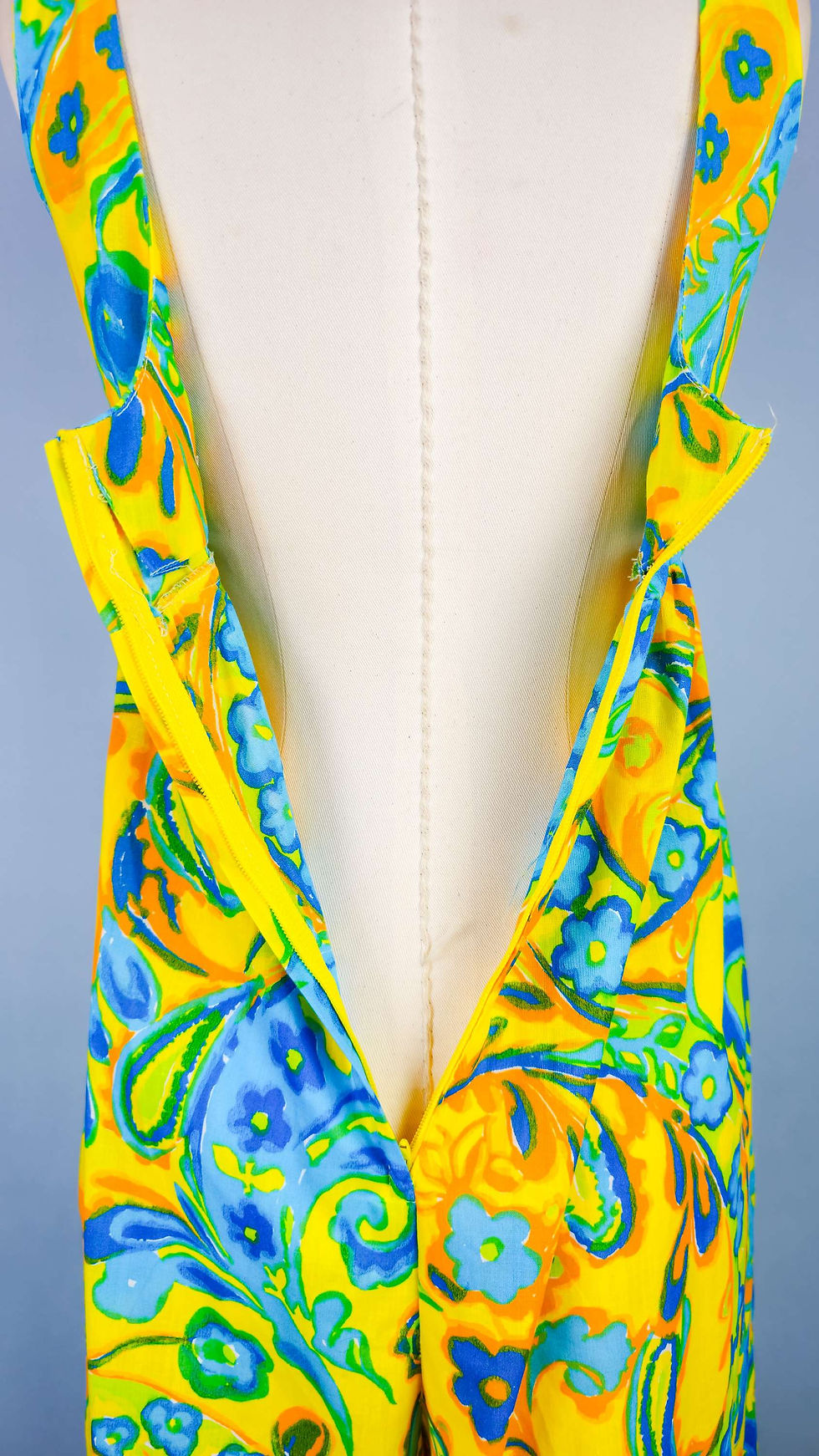 Thumbnail: 1970's Psychedelic Yellow & Blue Cut Out Keyhole Palazzo Jumpsuit