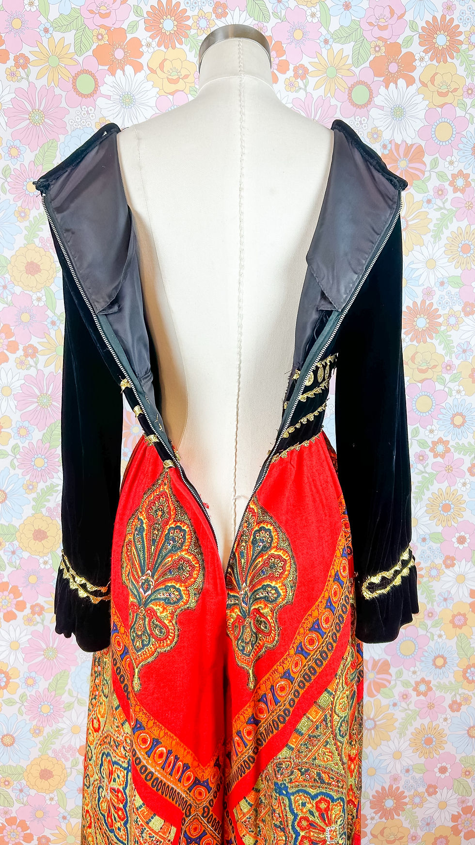 Thumbnail: 1960’s Red & Black Velvet Palazzo Jumpsuit - S