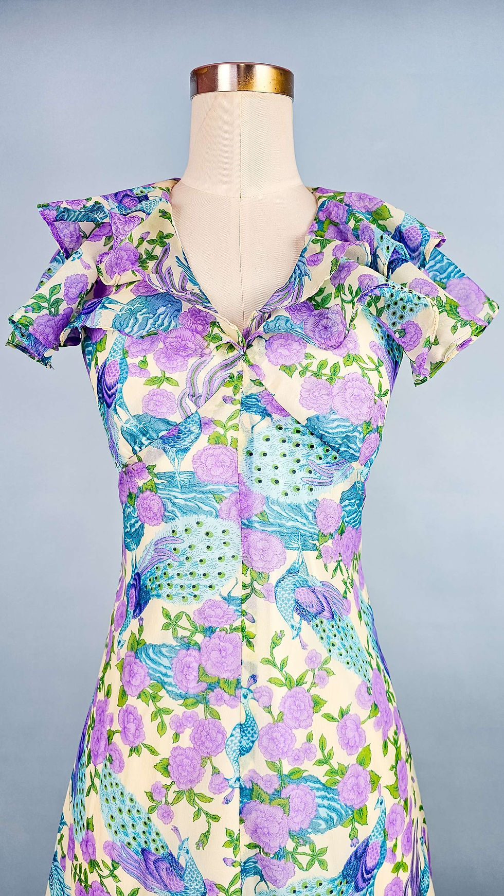 Thumbnail: 1970's Novelty Pastel Peacock & Flowers Maxi Dress