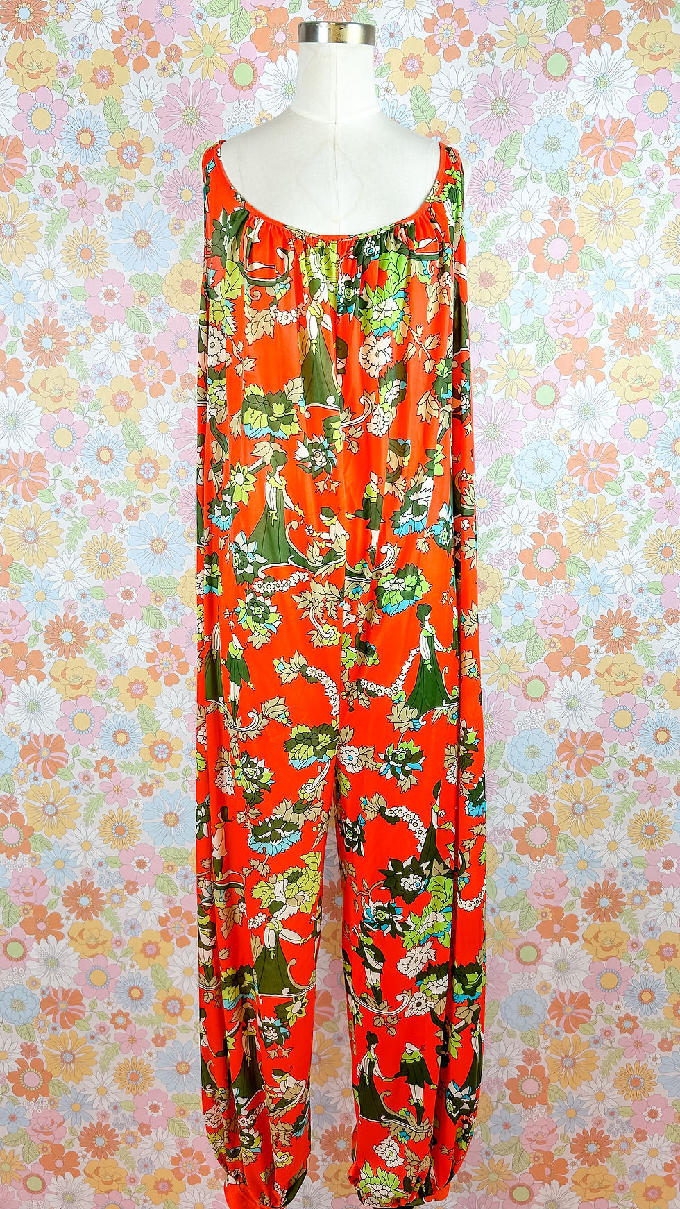 Thumbnail: 1960’s Floral Couple Novelty Print Harem Jumpsuit - L/3X