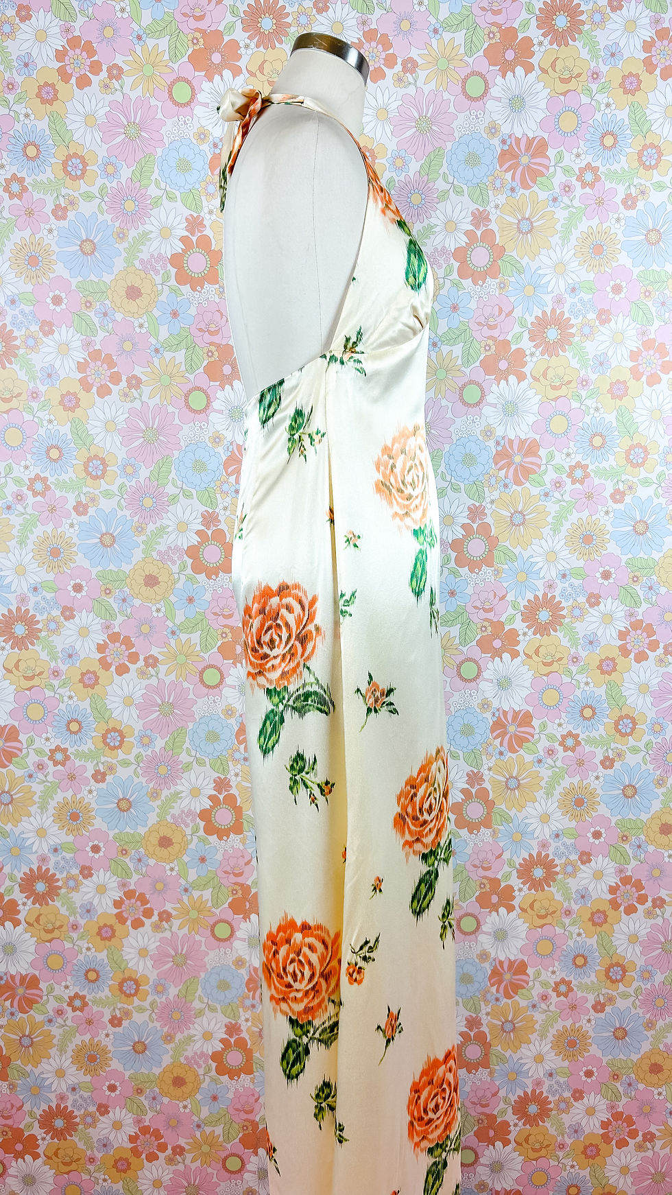 Thumbnail: 1970’s Satin Rose Halter Palazzo Jumpsuit - S/M
