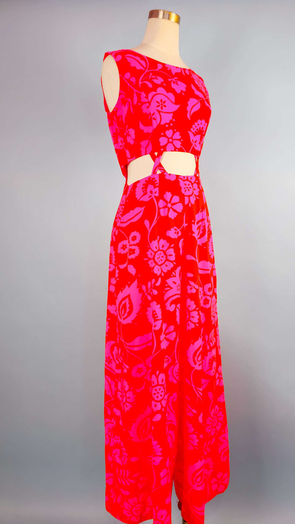 Thumbnail: Rare 1970's Red & Pink Floral Palazzo Crisscross Cut Out Jumpsuit