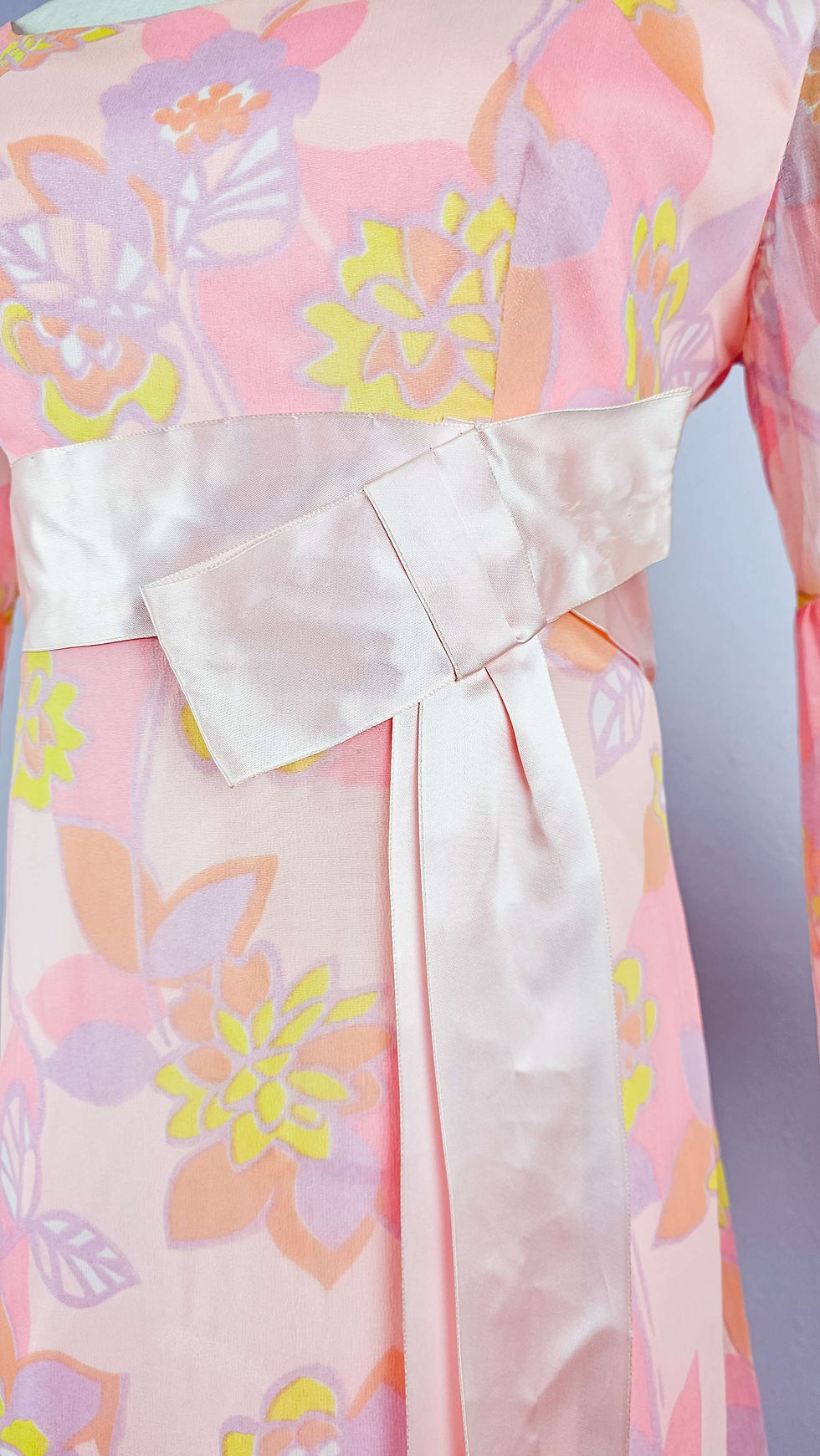 Thumbnail: 1970's Pastel Flower Power Bell Sleeve Chiffon Maxi