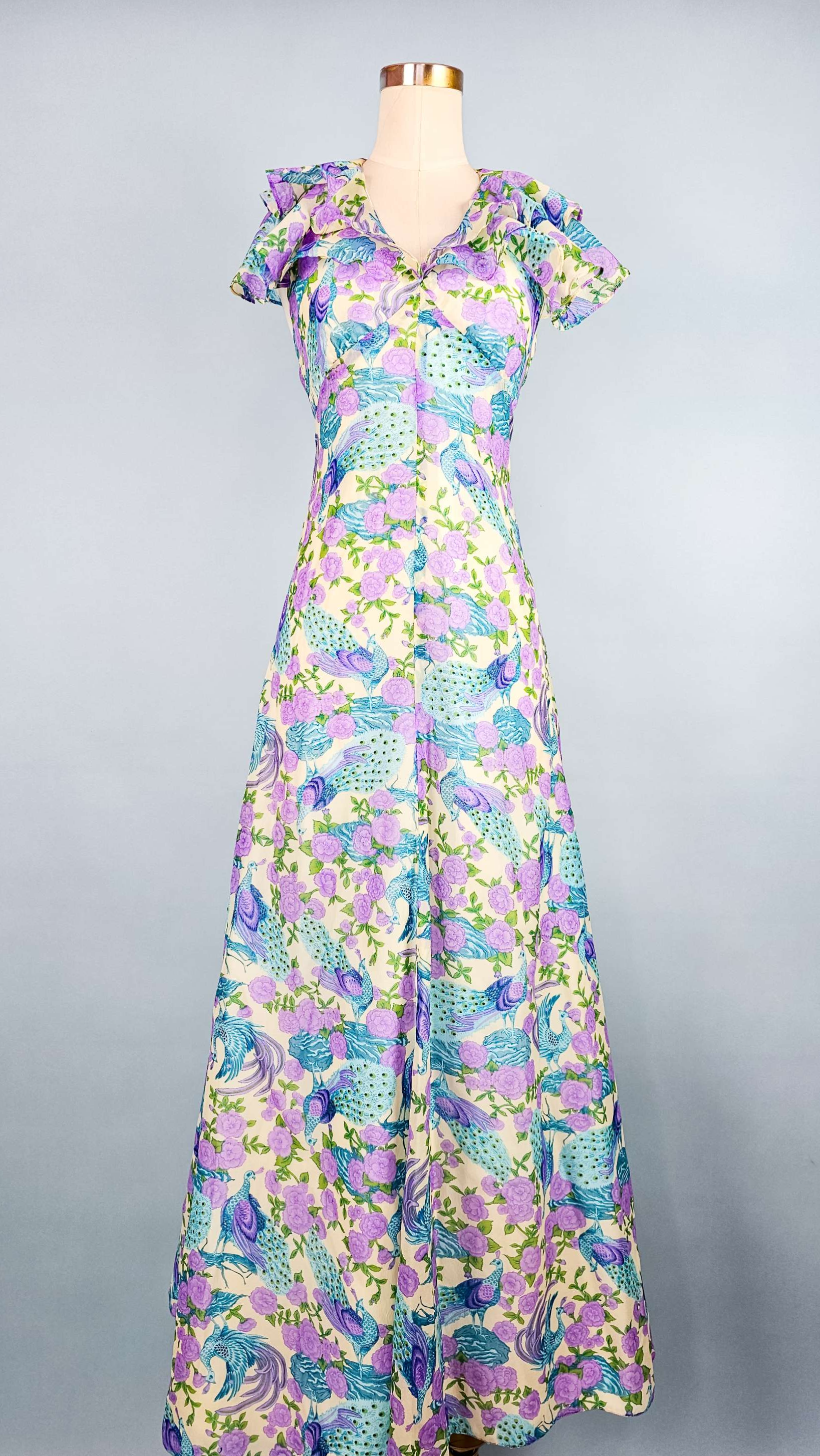 1970's Novelty Pastel Peacock & Flowers Maxi Dress