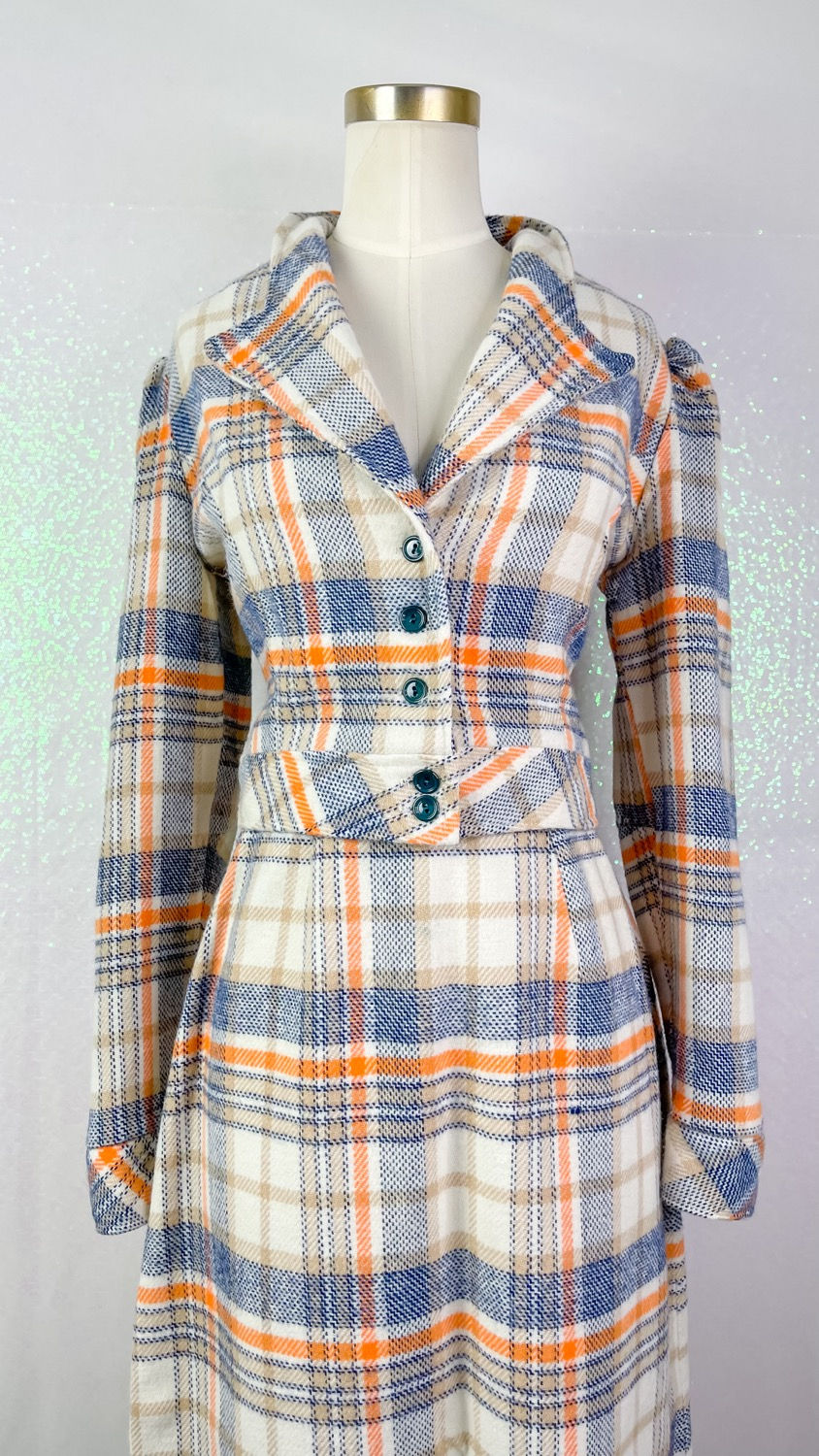 Thumbnail: Mod 1970’s Cream & Orange Tartan Maxi 2 Piece Skirt Set