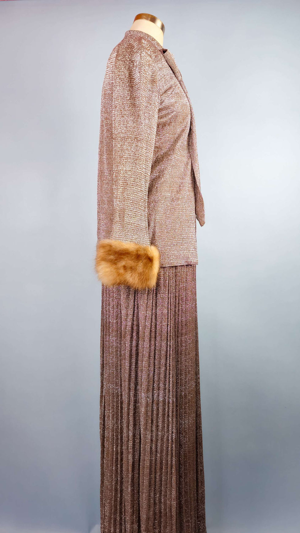 Thumbnail: 1970's Two Piece Sparkly Lurex Accordion Pleated Maxi w/ Fur Trimmed Top