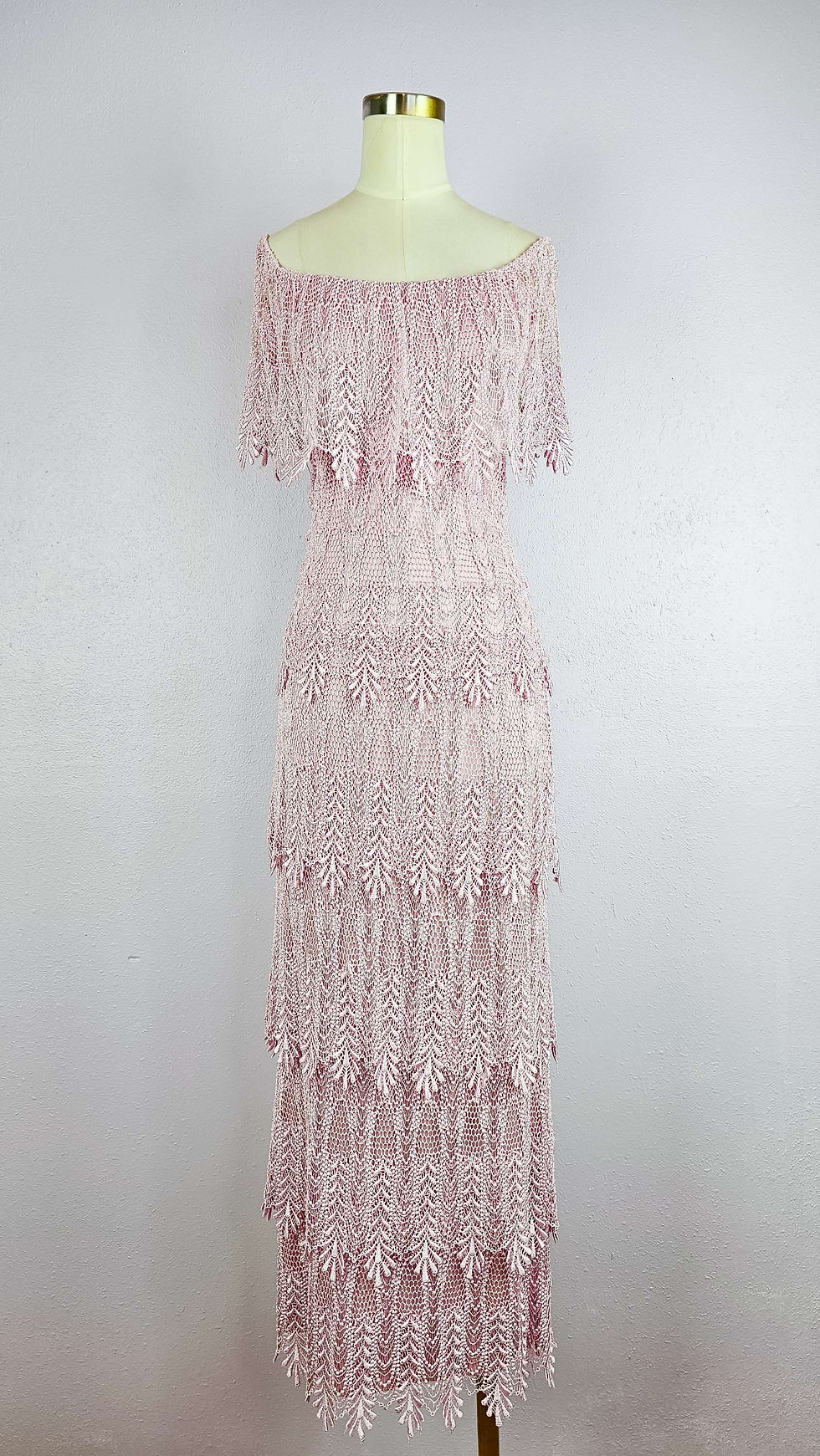1970's Pink Lace Tiered Flapper Maxi