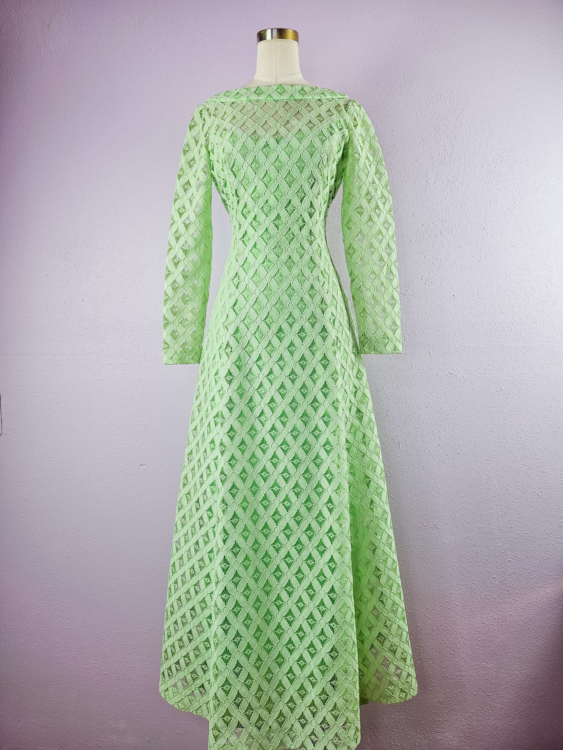 1960's Lime Green Crochet Cut Out Maxi Dress