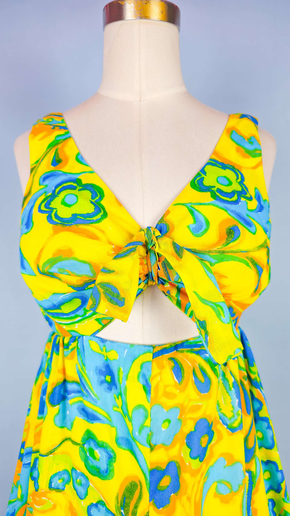 Thumbnail: 1970's Psychedelic Yellow & Blue Cut Out Keyhole Palazzo Jumpsuit