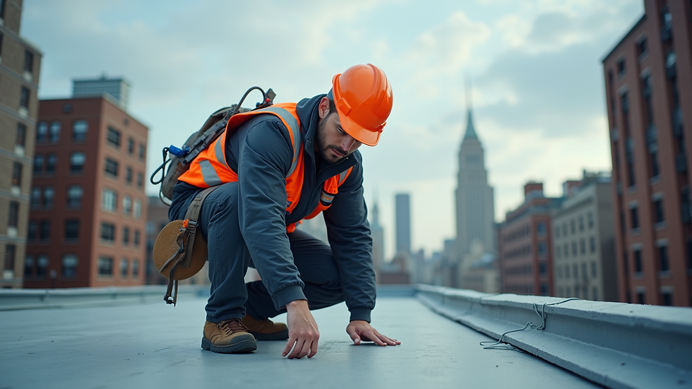 Eye-level view of a professional roofer inspecting a flat roof in New York City