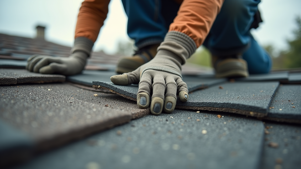 Close-up view of a roofing contractor repairing shingles on a residential roof