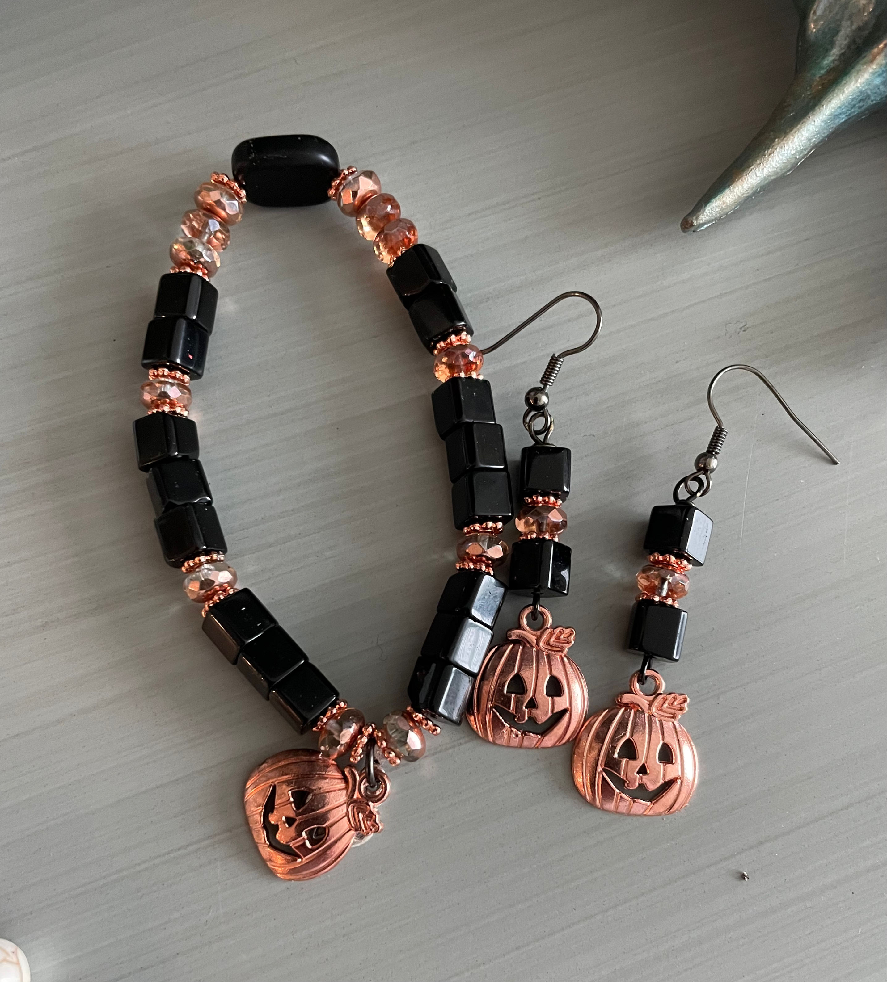 Metallic Pumpkin Beaded Bracelet & Earrings