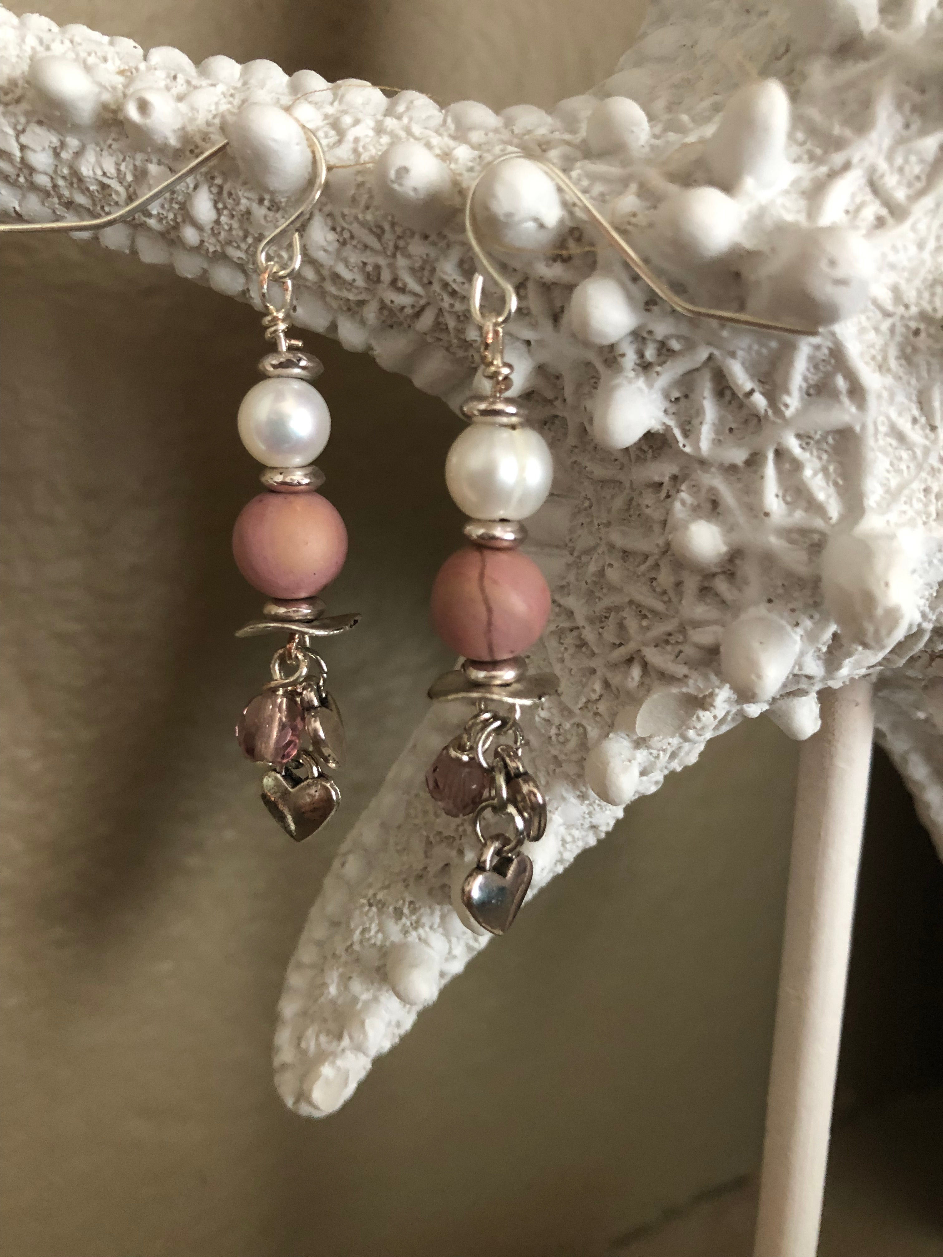 Pearl & Pink Rhodonite Heart Dangles
