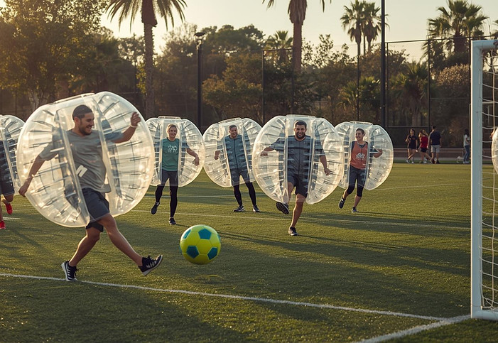 Jugadores dentro de burbujas gigantes jugando Bubble Soccer Valencia ViveJuego