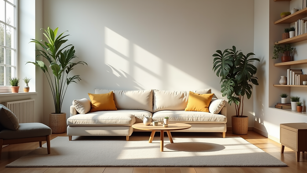 Eye-level view of a neatly organised living room with natural light