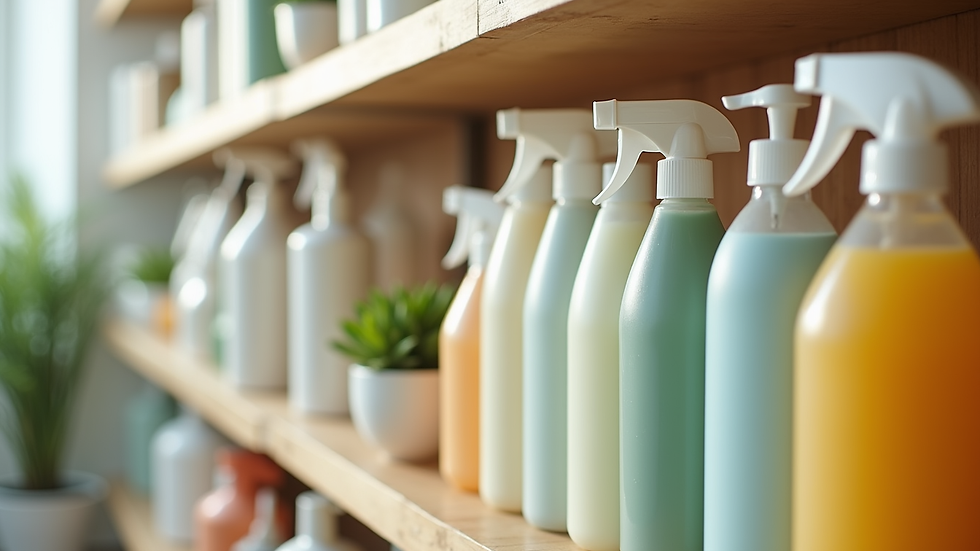 Close-up view of eco-friendly cleaning products arranged neatly on a shelf