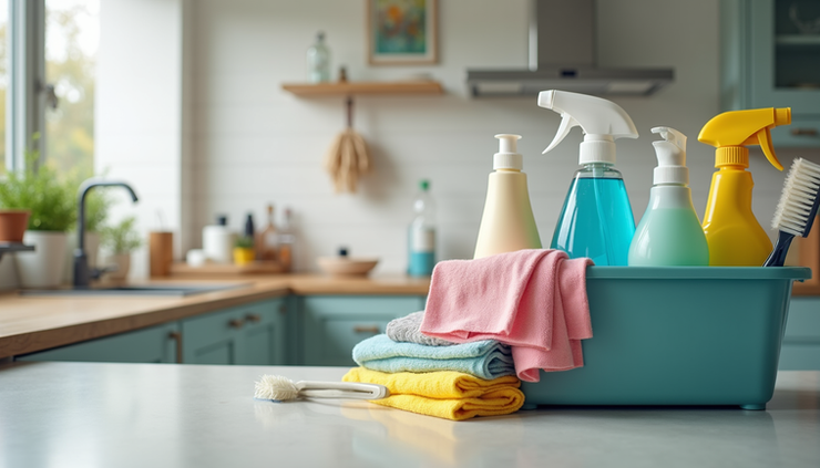 Eye-level view of a well-organized cleaning caddy with various cleaning supplies
