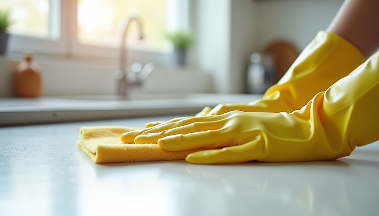 Close-up view of a professional cleaner wiping a kitchen countertop with a microfiber cloth