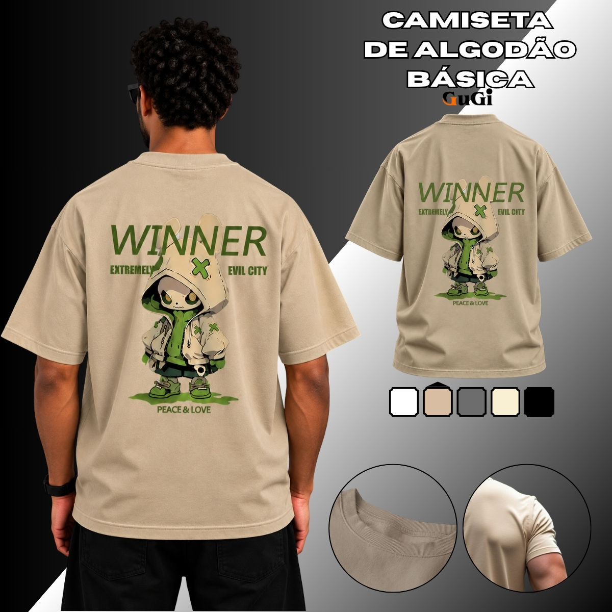 Camiseta Masculina Estampada Winner Peace and Love 100% Algodão Streetwear Casu