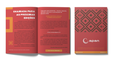revista pan aberta mostrando paginas espelhadas, paginas em cor vermelha, com títulos em branco e textos diagramados em preto, adinkra na cor laranja.
Contracapa com adinkra em cor preto e fundo vermelho, logo da APAN, borda de rodapé laranja.