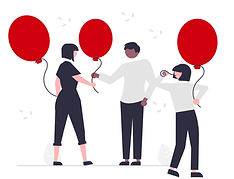 Three people party with balloons