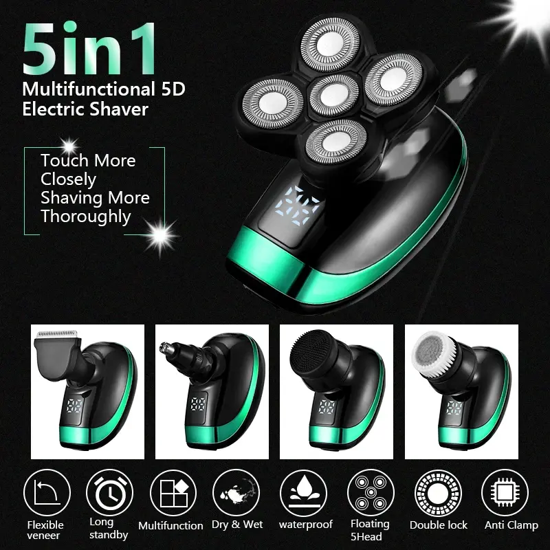 Miniatura: 5 In 1 4D Men's Rechargeable Bald Head Electric Shaver 5 Floating Heads Beard No