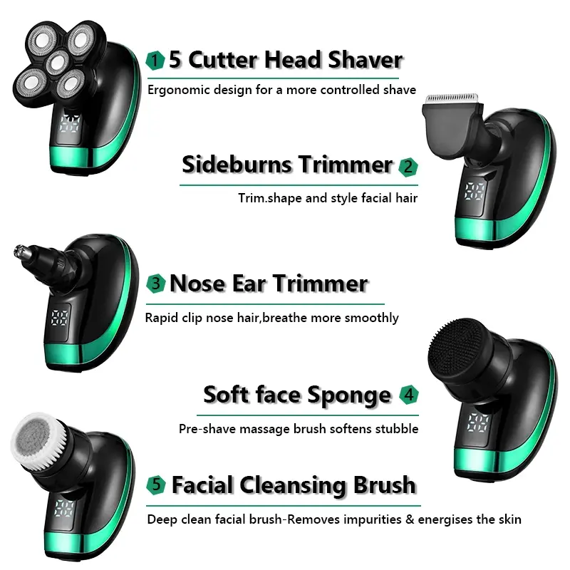 Miniatura: 5 In 1 4D Men's Rechargeable Bald Head Electric Shaver 5 Floating Heads Beard No