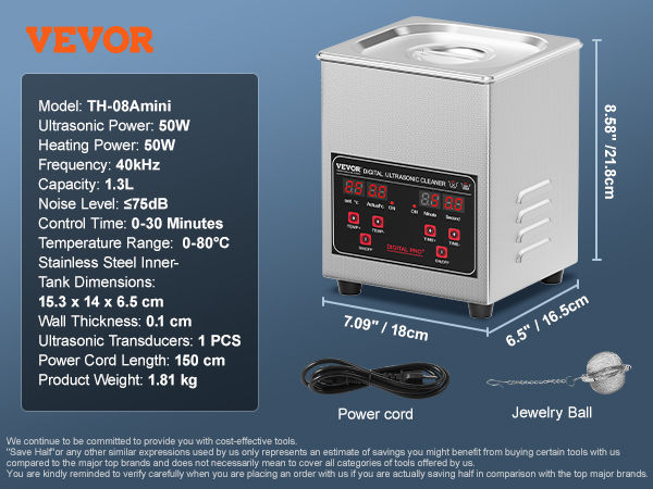 Miniatura: VEVOR 2L 3L 6L 10L 22L 30L Ultrasonic Cleaner Stainless Steel Portable Heated Cl
