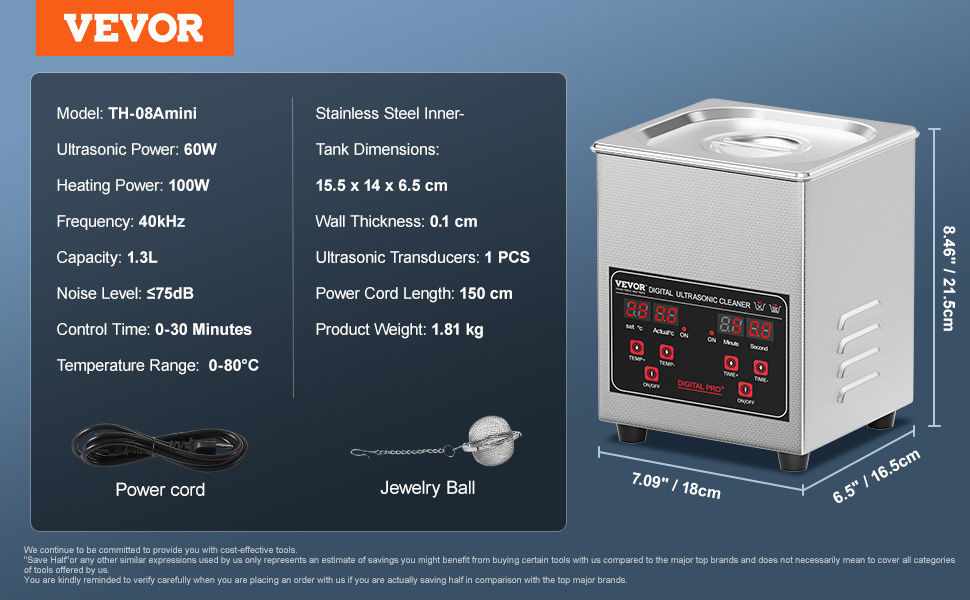 Miniatura: VEVOR 2L 3L 6L 10L 22L 30L Ultrasonic Cleaner Stainless Steel Portable Heated Cl