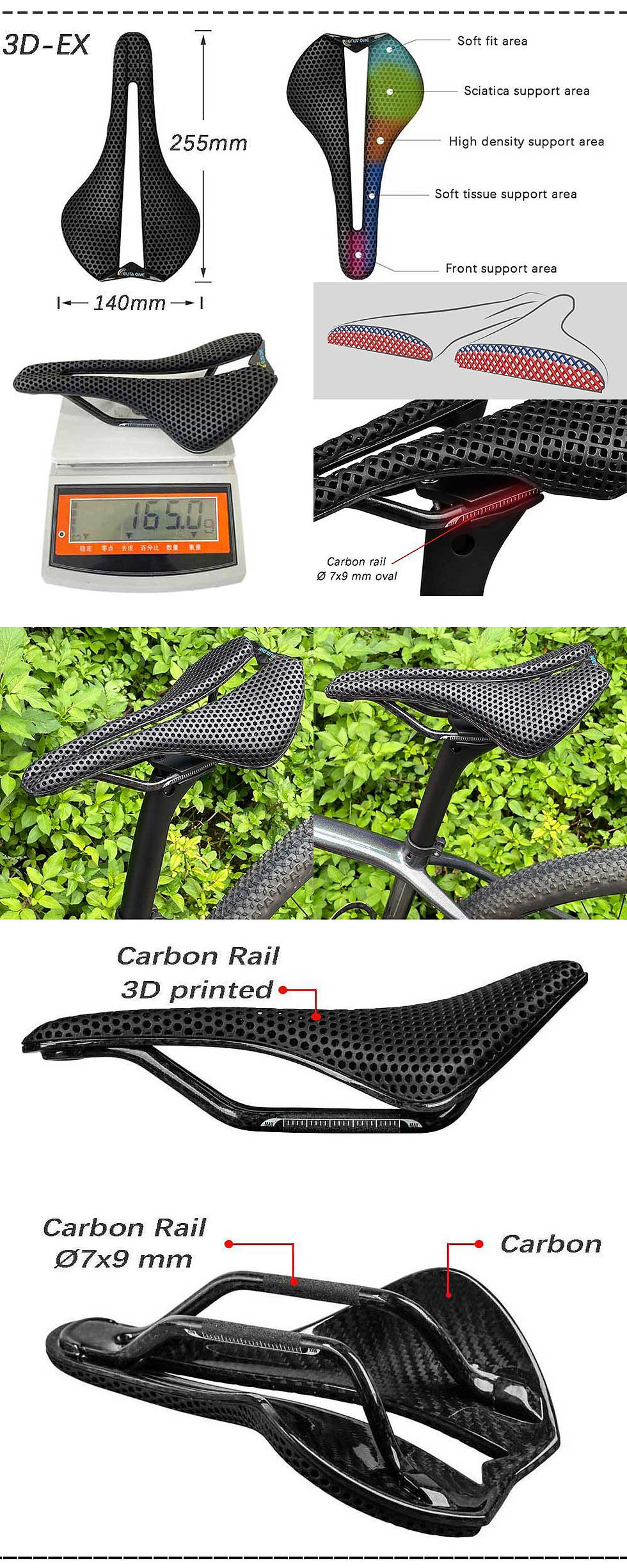 Miniatura: elitaone Carbon 3D Printed Bicycle Saddle 255x140/248x145mm Light Road MTB Mount