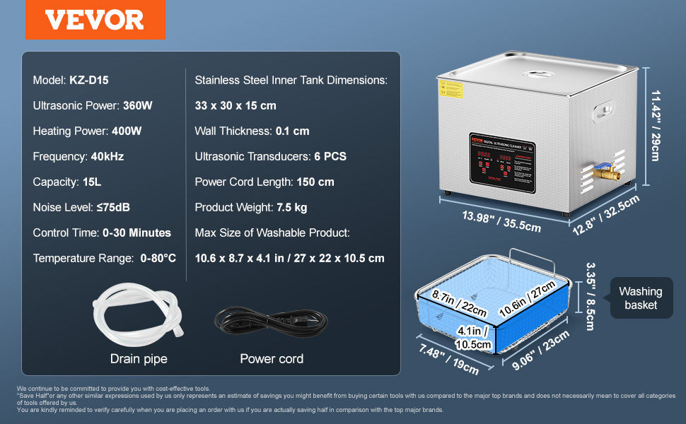 Miniatura: VEVOR 2L 3L 6L 10L 22L 30L Ultrasonic Cleaner Stainless Steel Portable Heated Cl