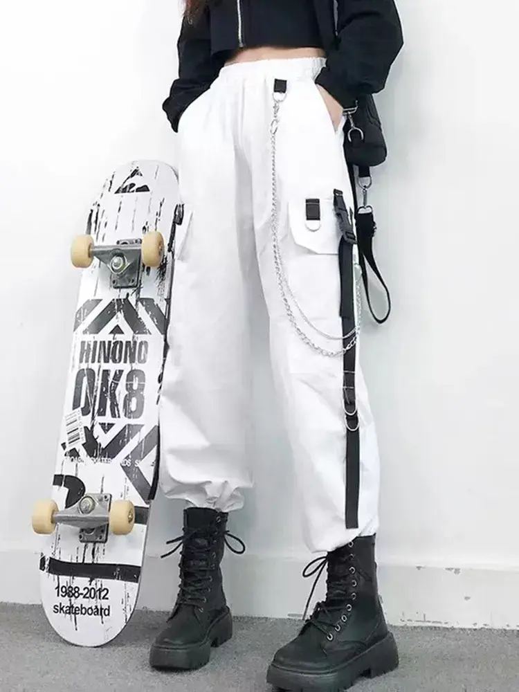 Thumbnail: Women Cargo Pants Harem Punk Pockets Jogger Trousers With Chain Harajuku
