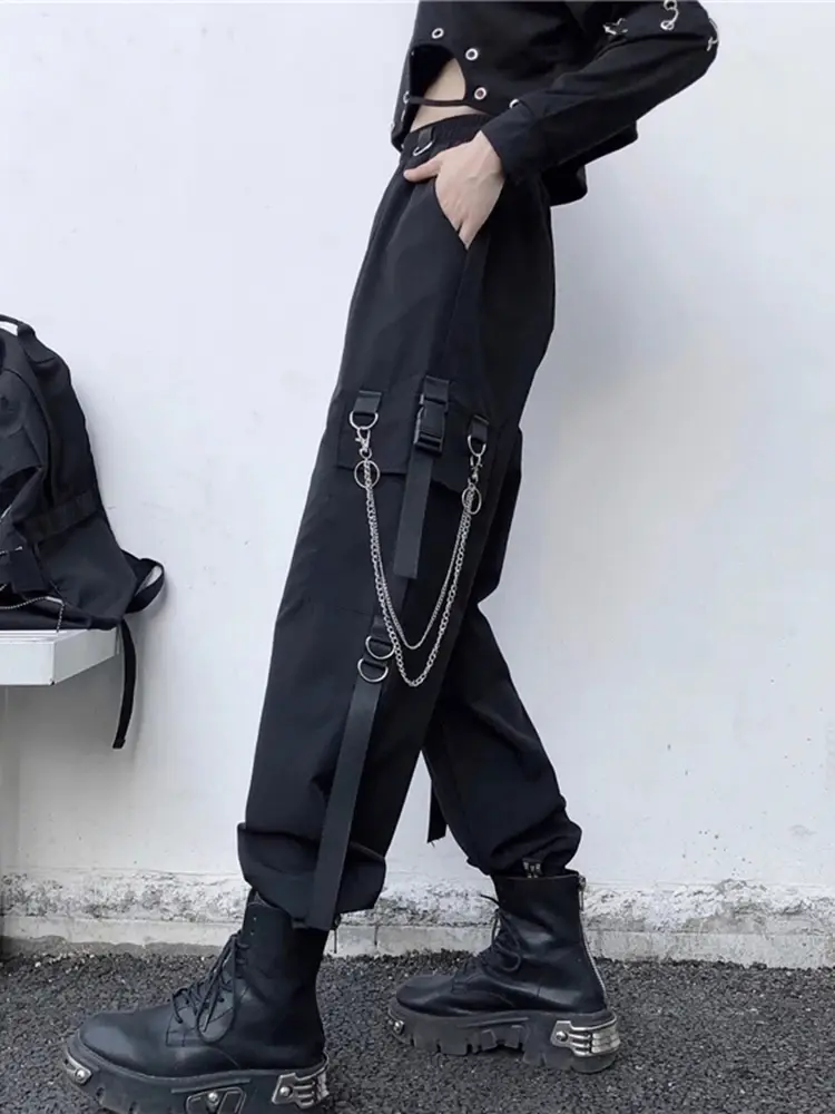 Thumbnail: Women Cargo Pants Harem Punk Pockets Jogger Trousers With Chain Harajuku